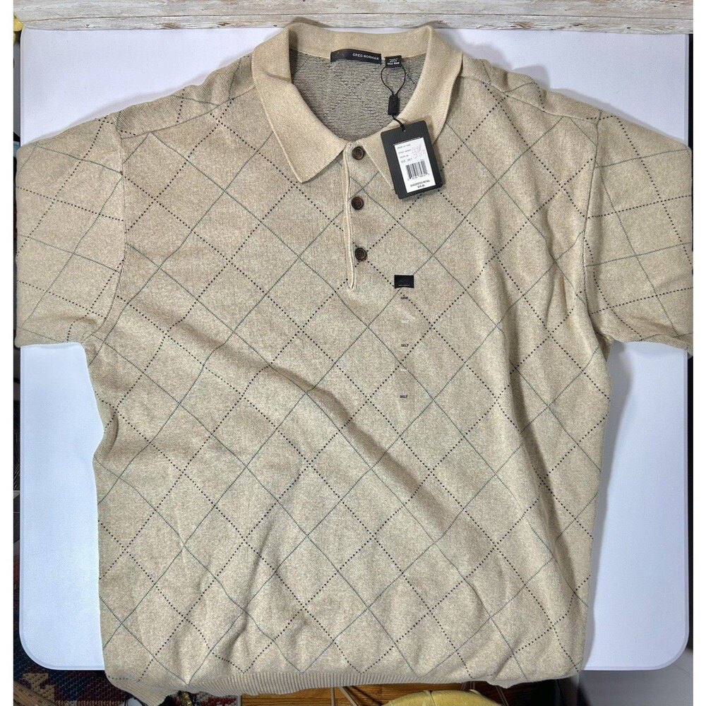 NWT 3XLT Greg Norman Tan Argyle Knit Golf Polo Long Sleeve Sweater Shirt
